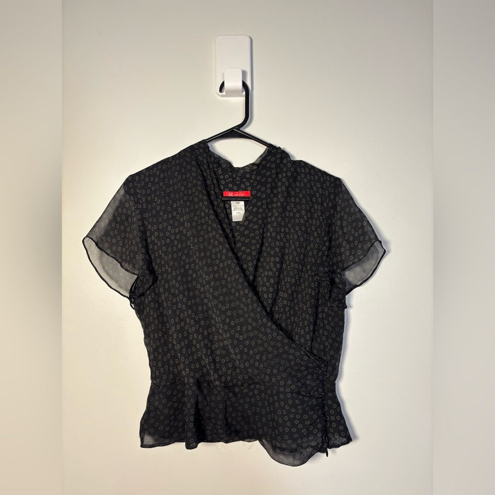 Anne Klein Vintage Silk Black Floral Dot Wrap Blouse